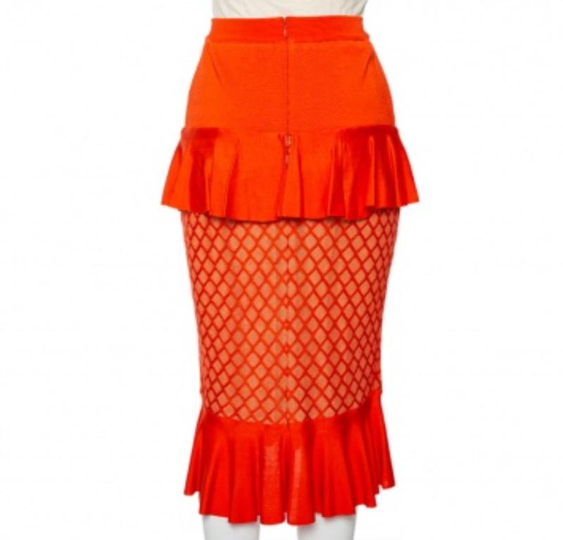 Red Balmain Orange Knit Ruffled Midi Skirt M For Sale