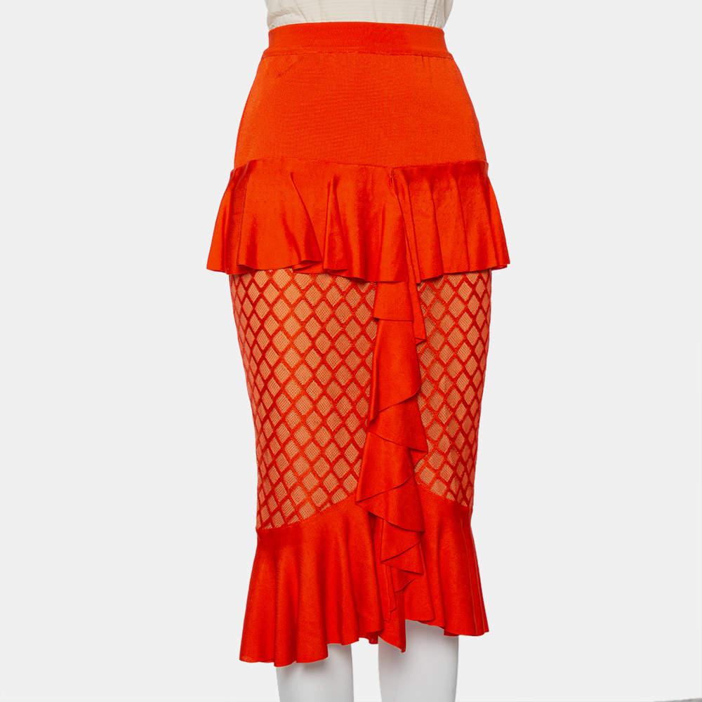 Red Balmain Orange Knit Ruffled Midi Skirt M