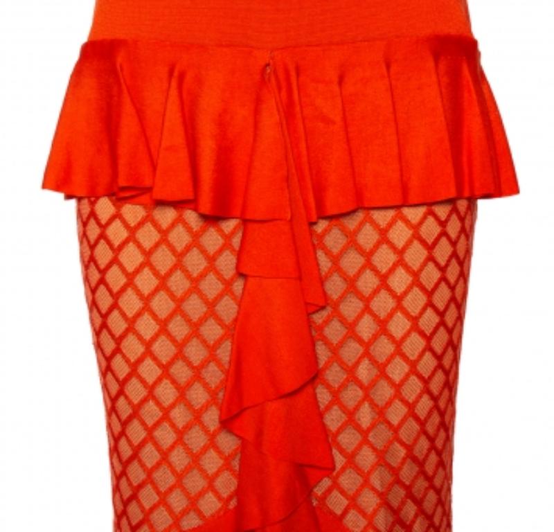 Balmain Orange Knit Ruffled Midi Skirt M In Excellent Condition For Sale In Dubai, Al Qouz 2