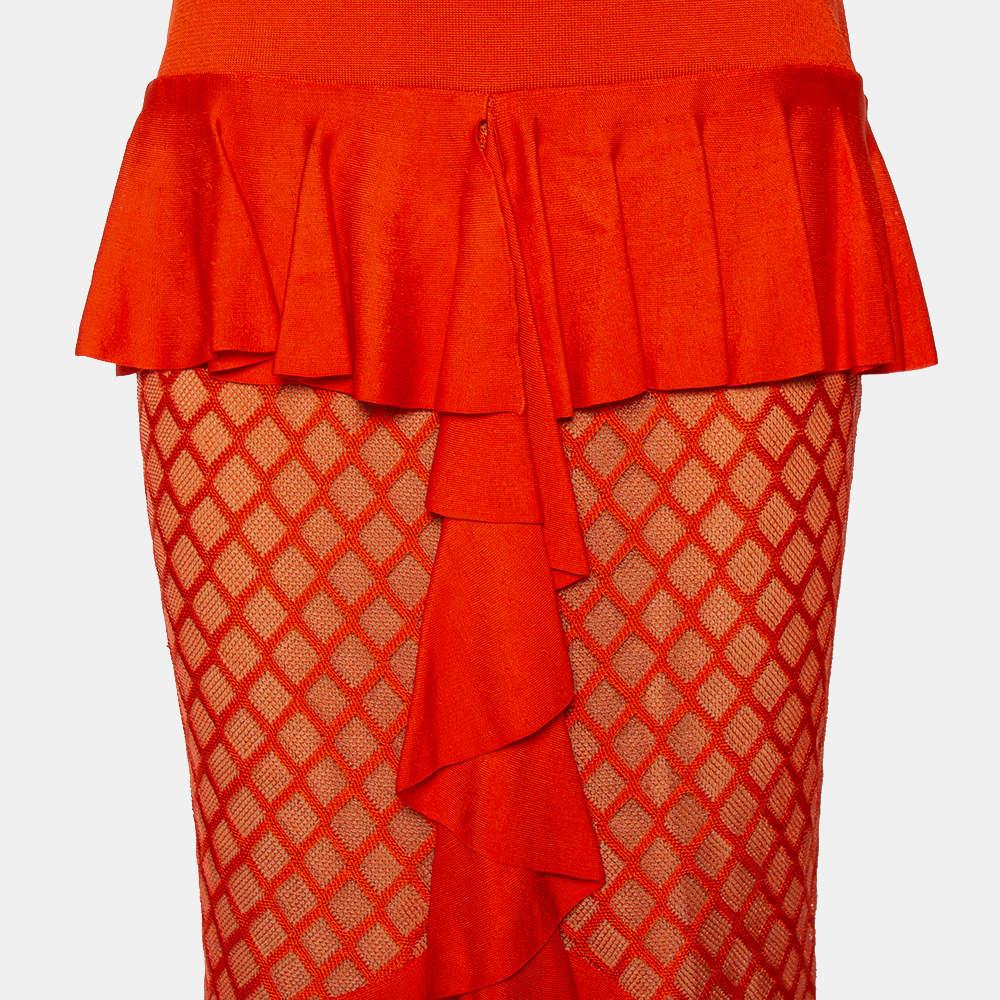 Balmain Orange Knit Ruffled Midi Skirt M In Excellent Condition For Sale In Dubai, Al Qouz 2