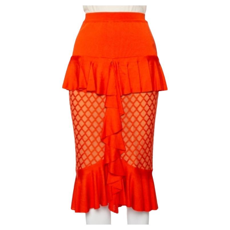 Balmain Orange Knit Ruffled Midi Skirt M For Sale