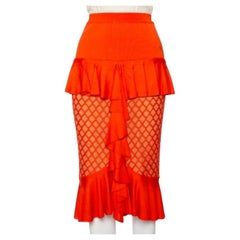 Balmain Orange Knit Ruffled Midi Skirt M