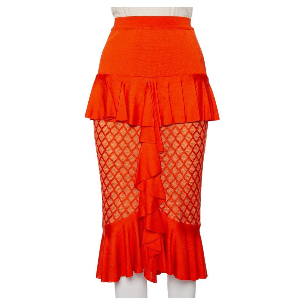 Balmain Orange Knit Ruffled Midi Skirt M For Sale