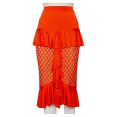Balmain Orange Knit Ruffled Midi Skirt M