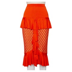 Balmain Orange Knit Ruffled Midi Skirt M