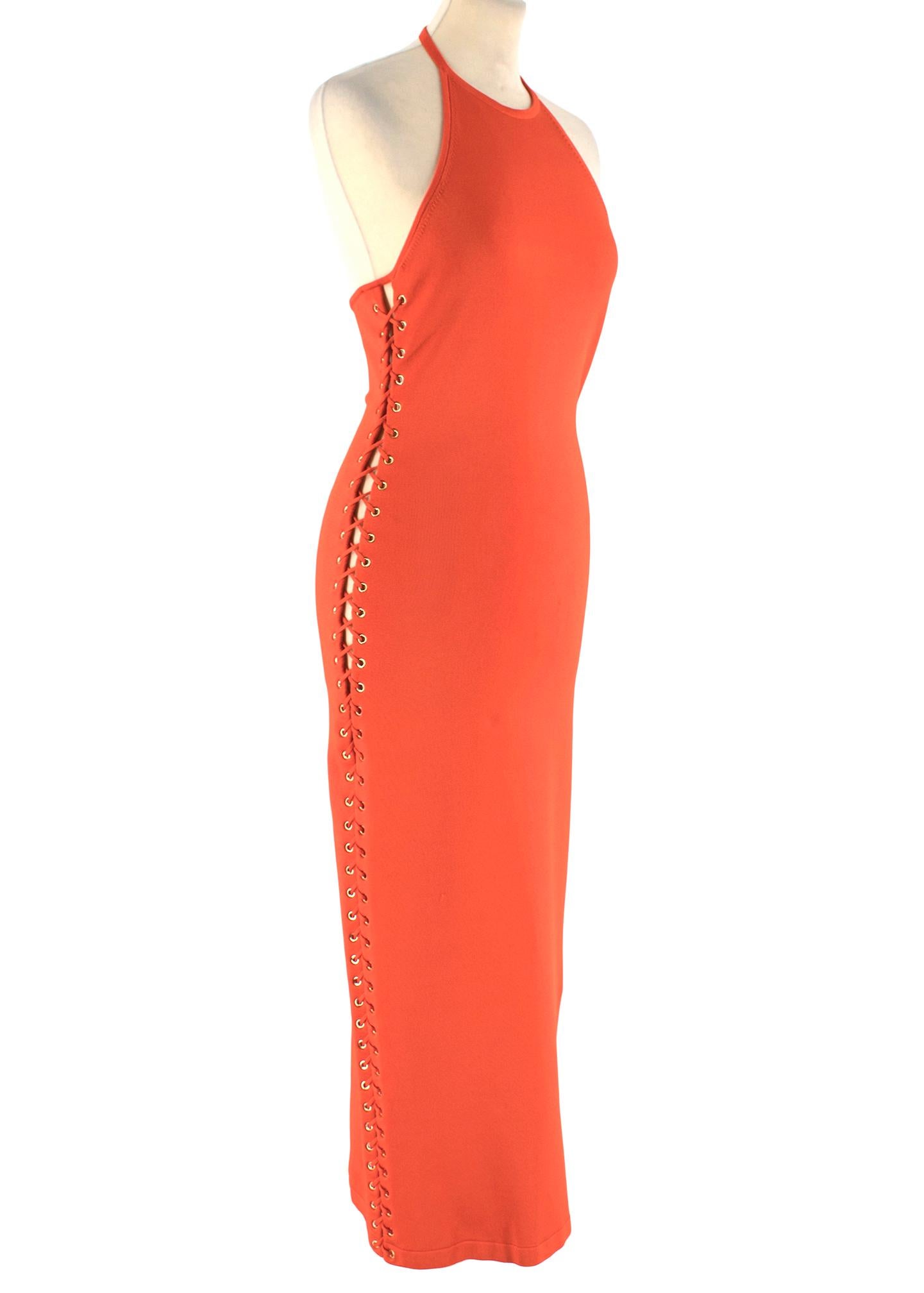 Balmain orange lace-up halter neck midi dress

- Mid-weight knit
- Halter neck, double push-stud fastening
- Open back
- Laced orange side feature, gold-tone metal eyelets
- Centre-back chunky gold-tone metal zip fastening

Please note, these items