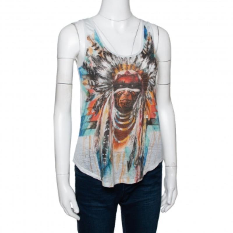 De las mujeres Balmain Pale Grey Linen Jersey Red Indian Print Sleeveless Tank Top S en venta