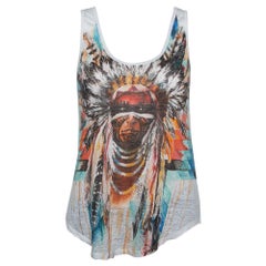 Balmain Pale Grey Linen Jersey Red Indian Print Sleeveless Tank Top S