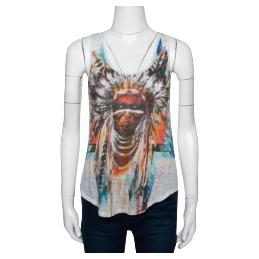 Balmain Pale Grey Linen Jersey Red Indian Print Sleeveless Tank Top S en venta