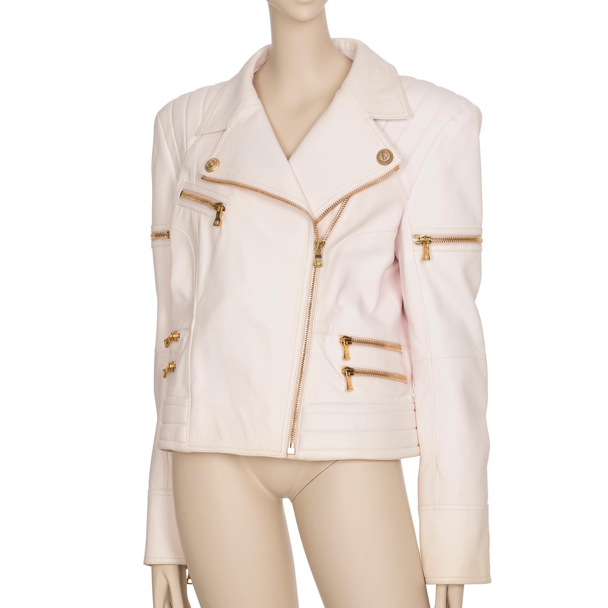 Giacca biker in pelle rosa pallido Balmain 44 FR in vendita 5