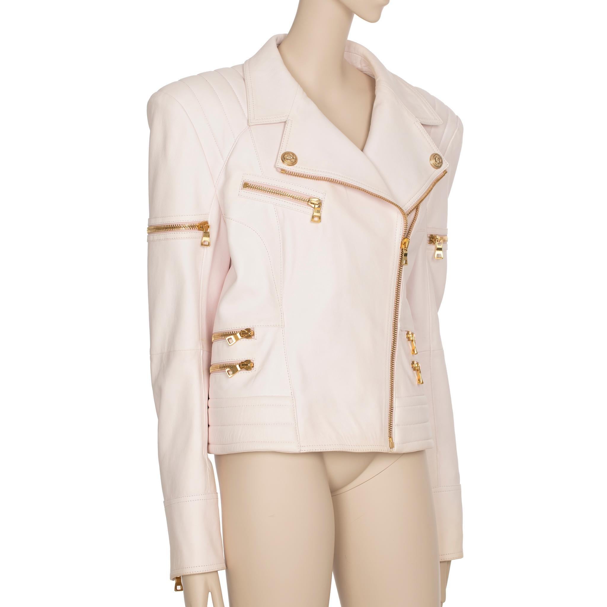 Giacca biker in pelle rosa pallido Balmain 44 FR in vendita 6