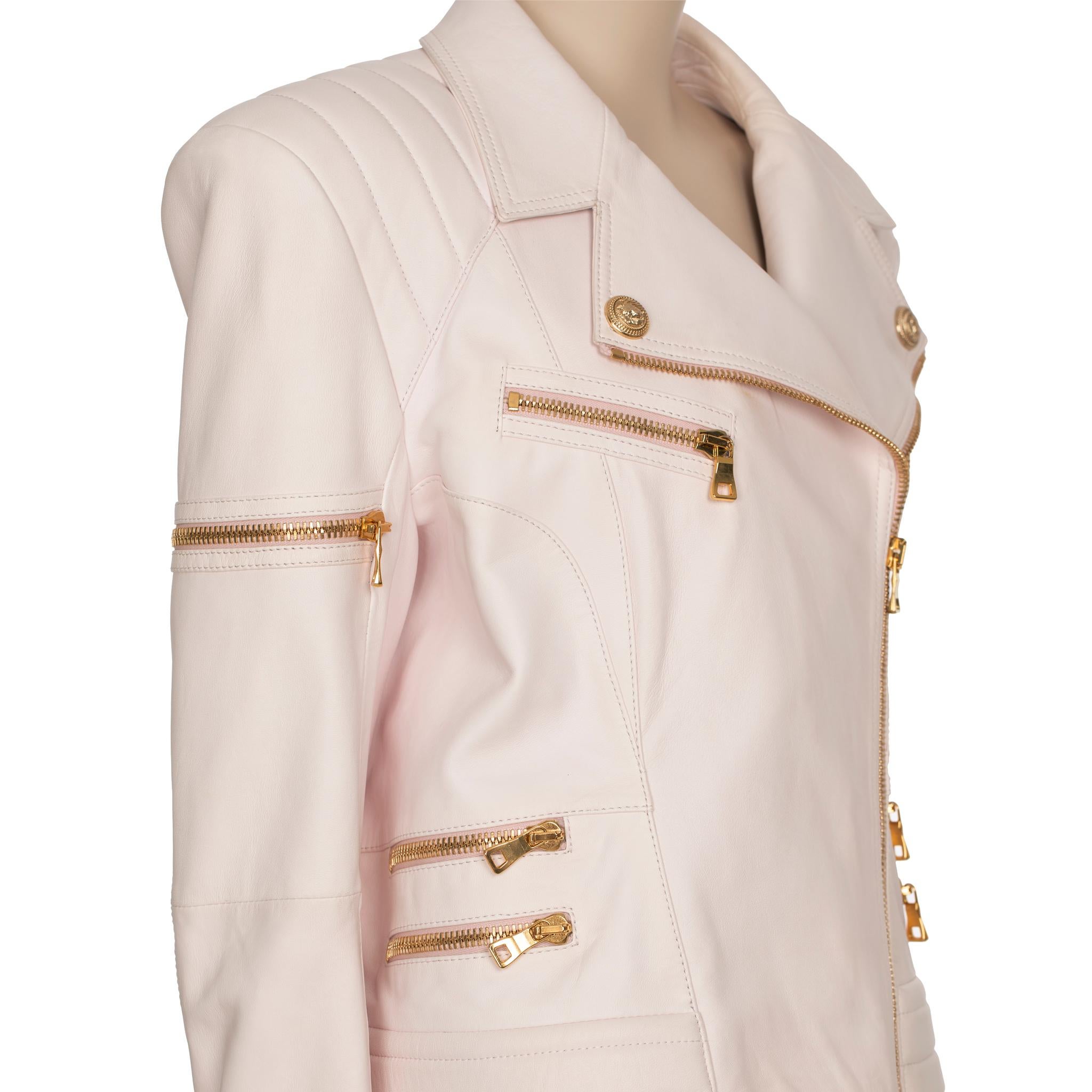 Veste motard Balmain en cuir rose pâle 44 FR en vente 7