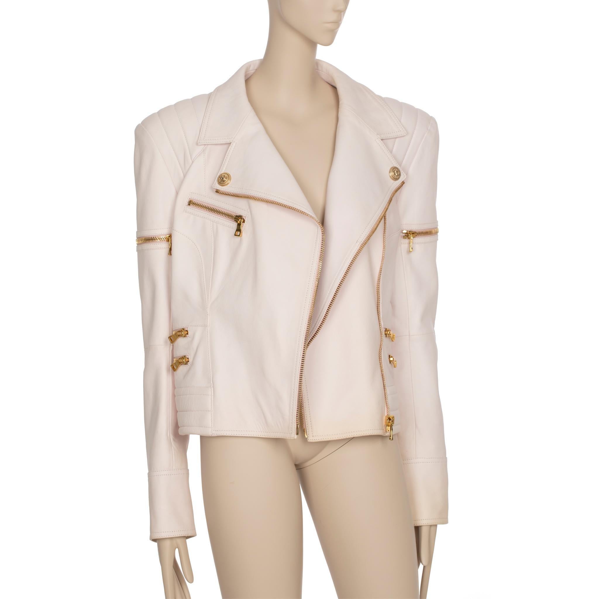 Giacca biker in pelle rosa pallido Balmain 44 FR in vendita 8