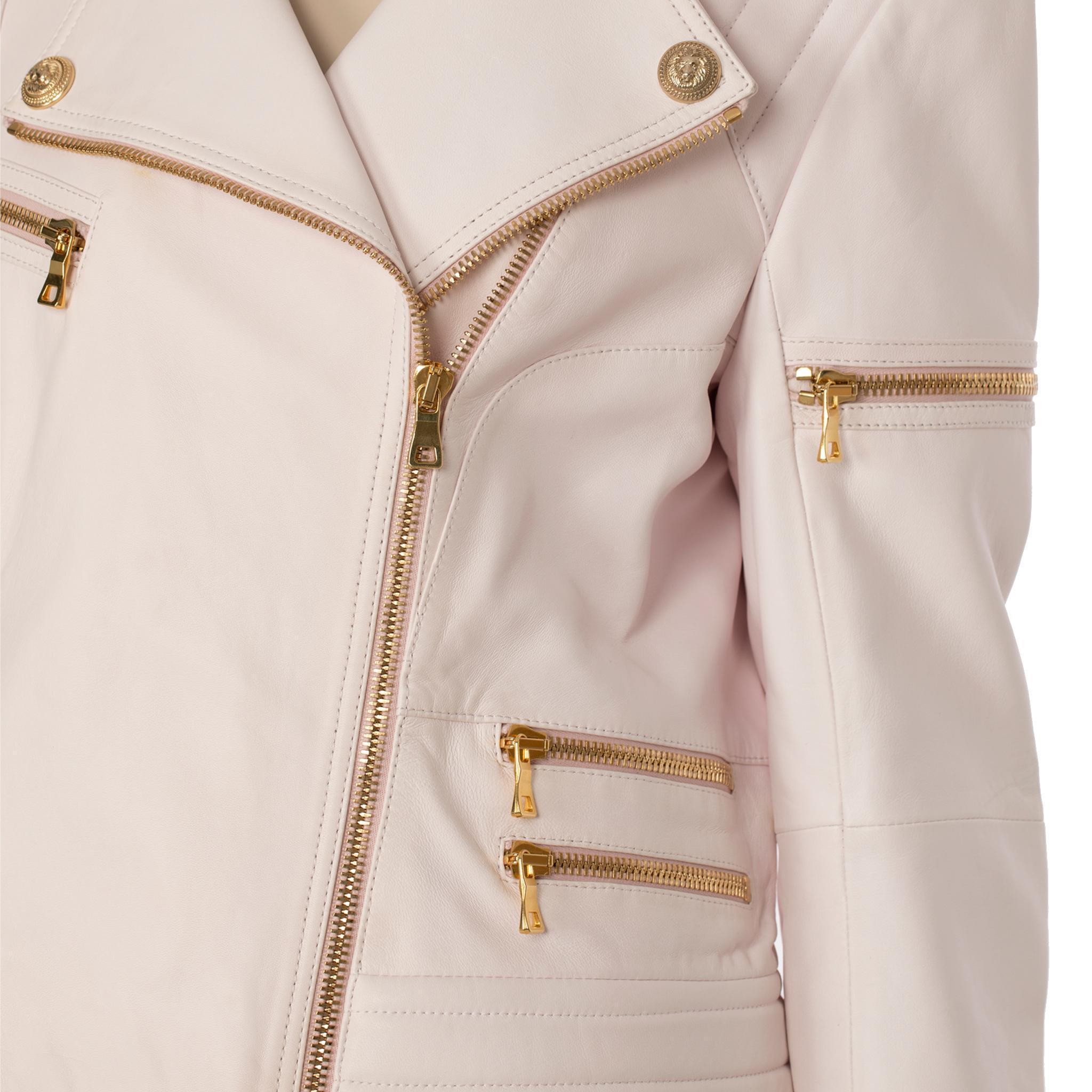 Beige Giacca biker in pelle rosa pallido Balmain 44 FR in vendita