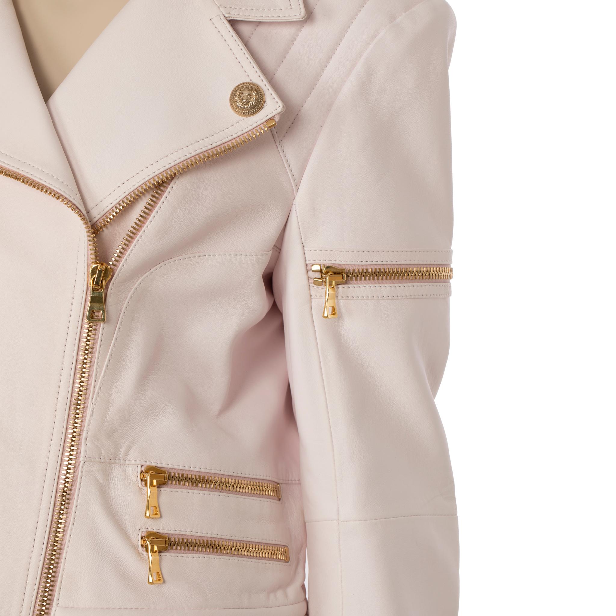 Balmain Pale Pink Leather Biker Jacket 44 FR In Good Condition For Sale In DOUBLE BAY, NSW