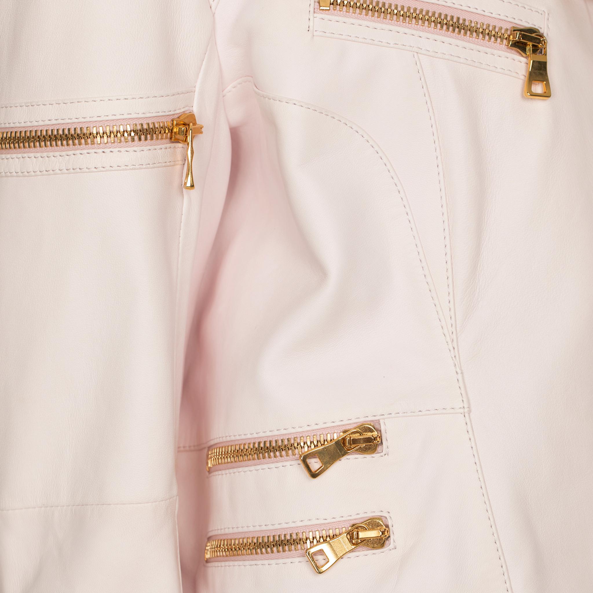 Giacca biker in pelle rosa pallido Balmain 44 FR in vendita 1