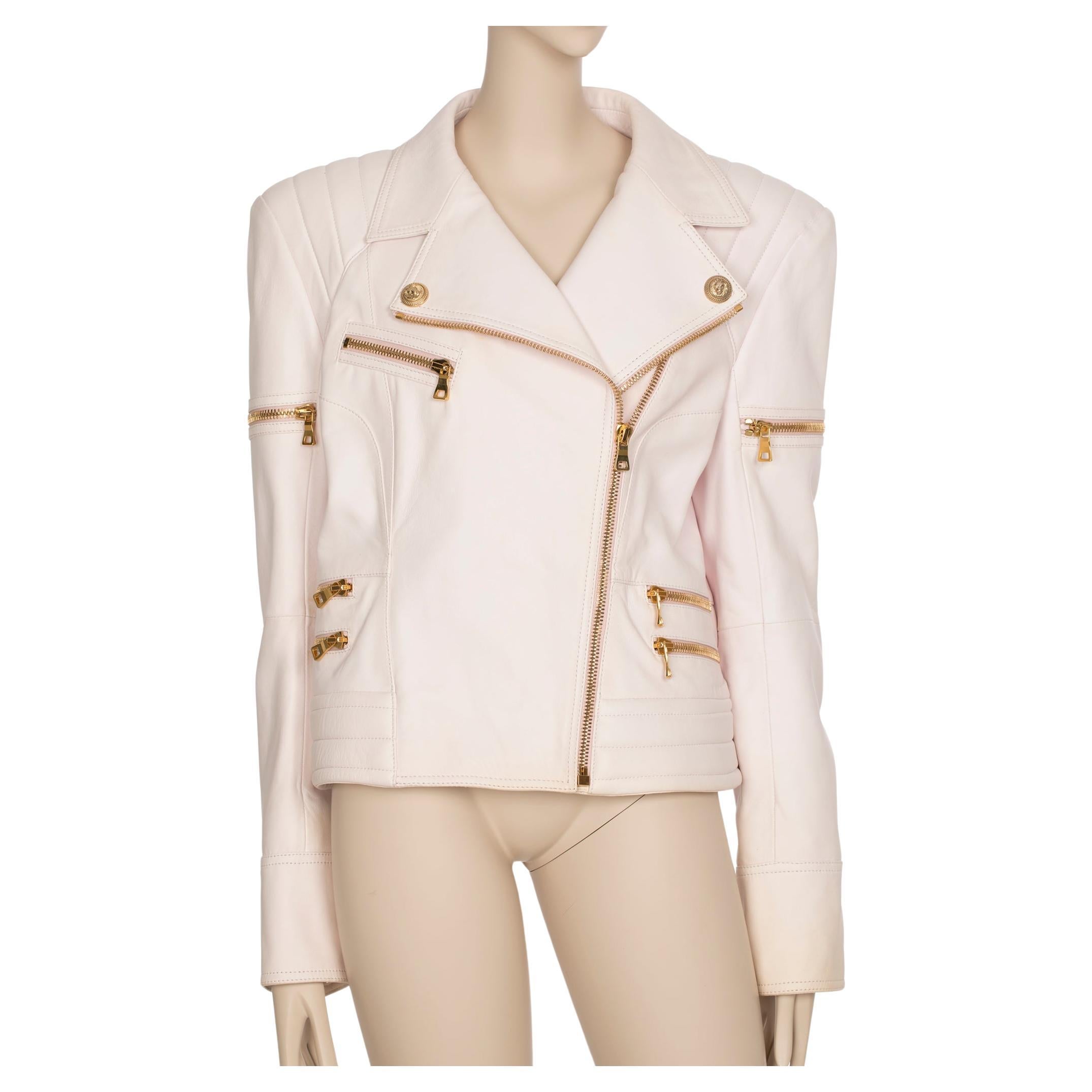 Balmain Pale Pink Leather Biker Jacket 44 FR