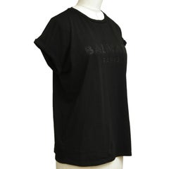 BALMAIN PARIS Black T-Shirt Top Embellishment Cap Sleeve Crew Neck Cotton XS