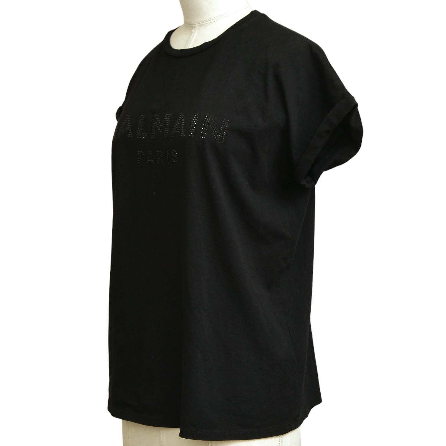 BALMAIN PARIS Black T-Shirt Top Embellishment Cap Sleeve Crew Neck Cotton XS In Good Condition For Sale In Hollywood, FL