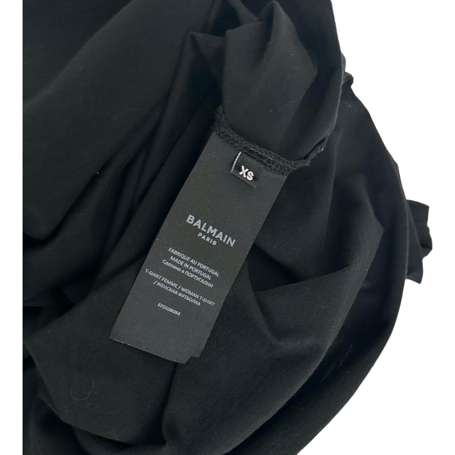BALMAIN PARIS Black T-Shirt Top Embellishment Cap Sleeve Crew Neck Cotton XS For Sale 1