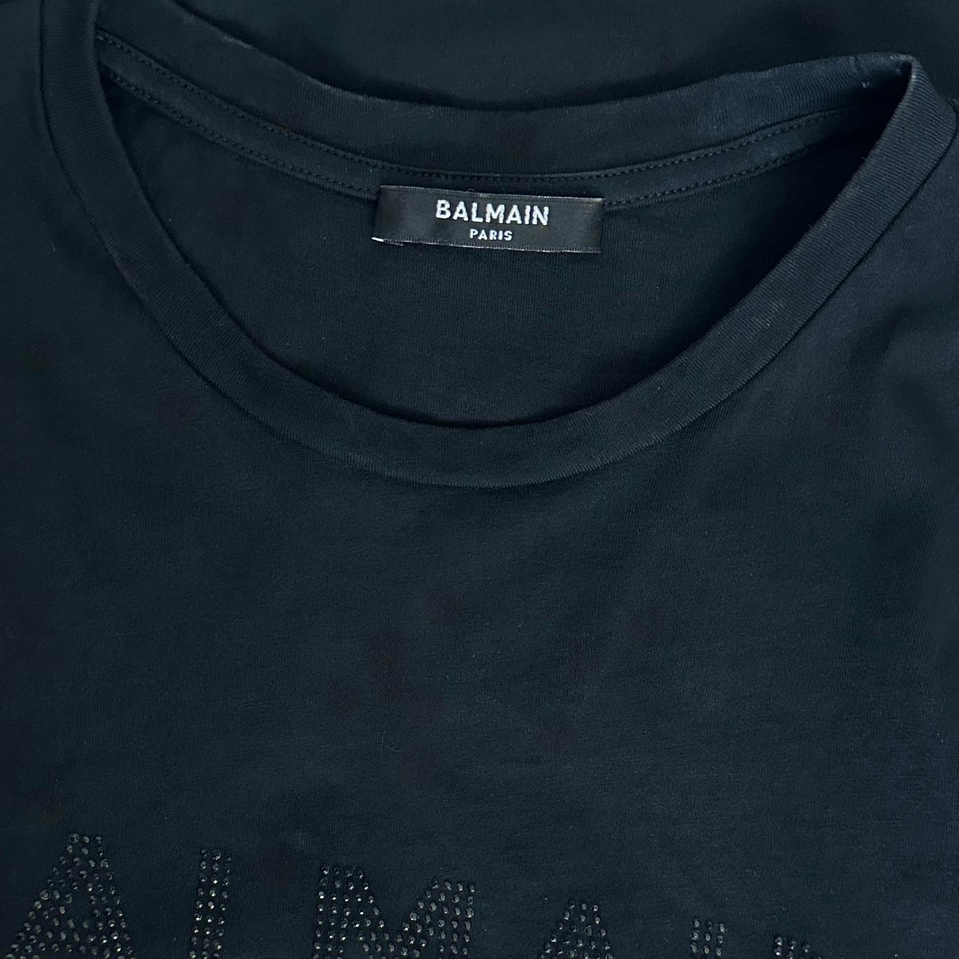 BALMAIN PARIS Black T-Shirt Top Embellishment Cap Sleeve Crew Neck Cotton XS For Sale 2