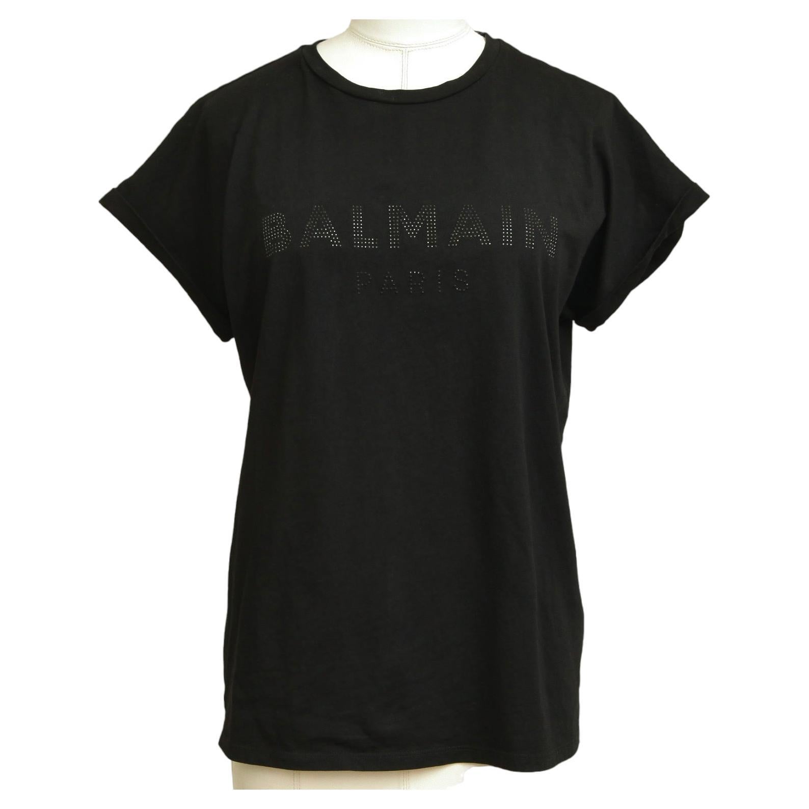 BALMAIN PARIS Black T-Shirt Top Embellishment Cap Sleeve Crew Neck Cotton XS For Sale