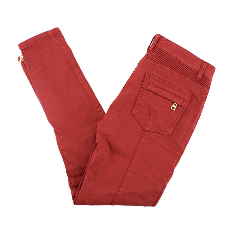 Balmain Paris Red Fitted Biker Jeans SIZE M at 1stDibs