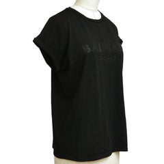 BALMAIN PARIS Black T-Shirt Top Embellishment Cap Sleeve Crew Neck Cotton XS