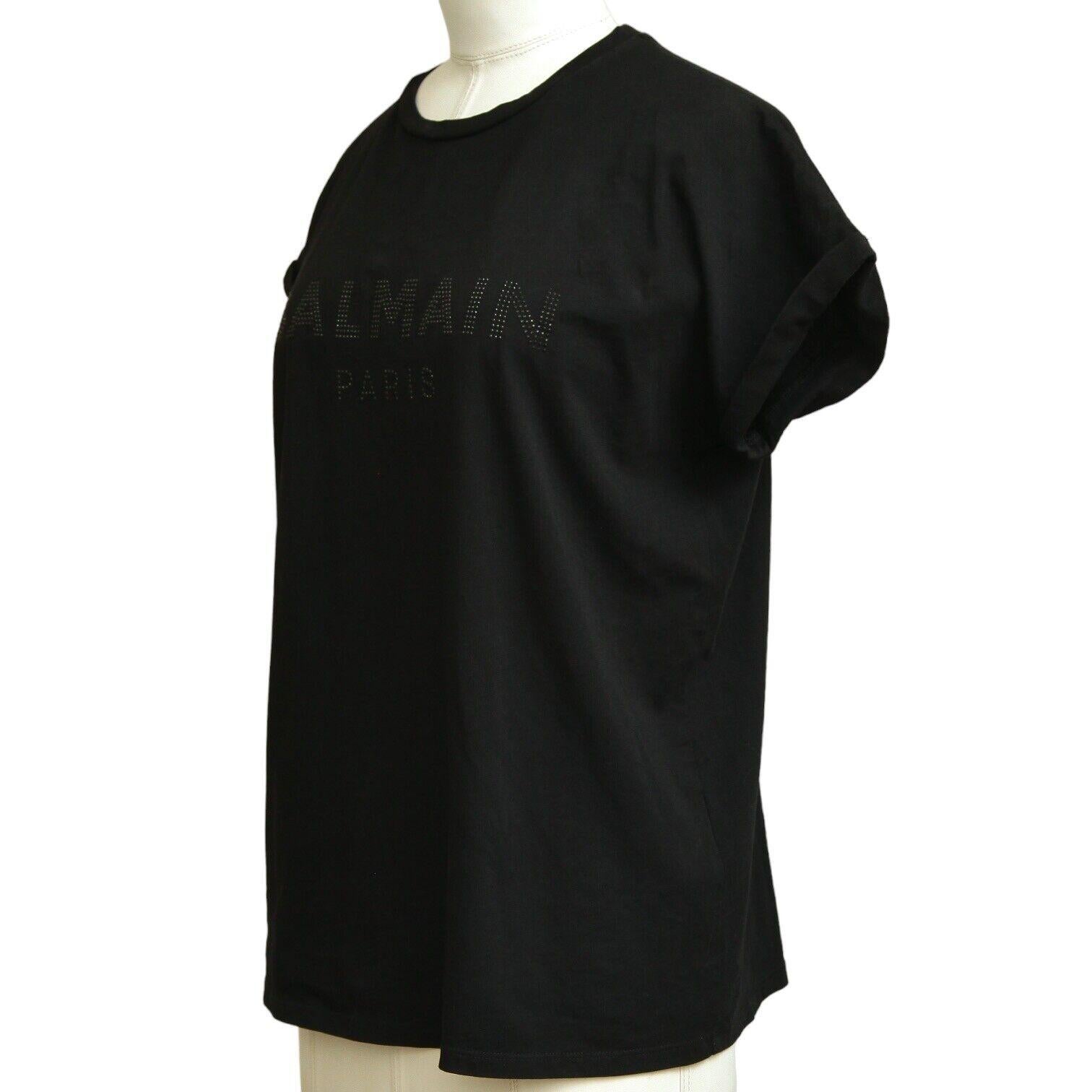 BALMAIN PARIS Schwarzes T-Shirt Top mit Verzierungen und Kapuzenärmeln aus Baumwolle mit Rundhalsausschnitt XS im Zustand „Gut“ im Angebot in Hollywood, FL