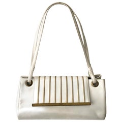 1970s Balmain Paris White Cream and Gold Leather Shoulder Bag 