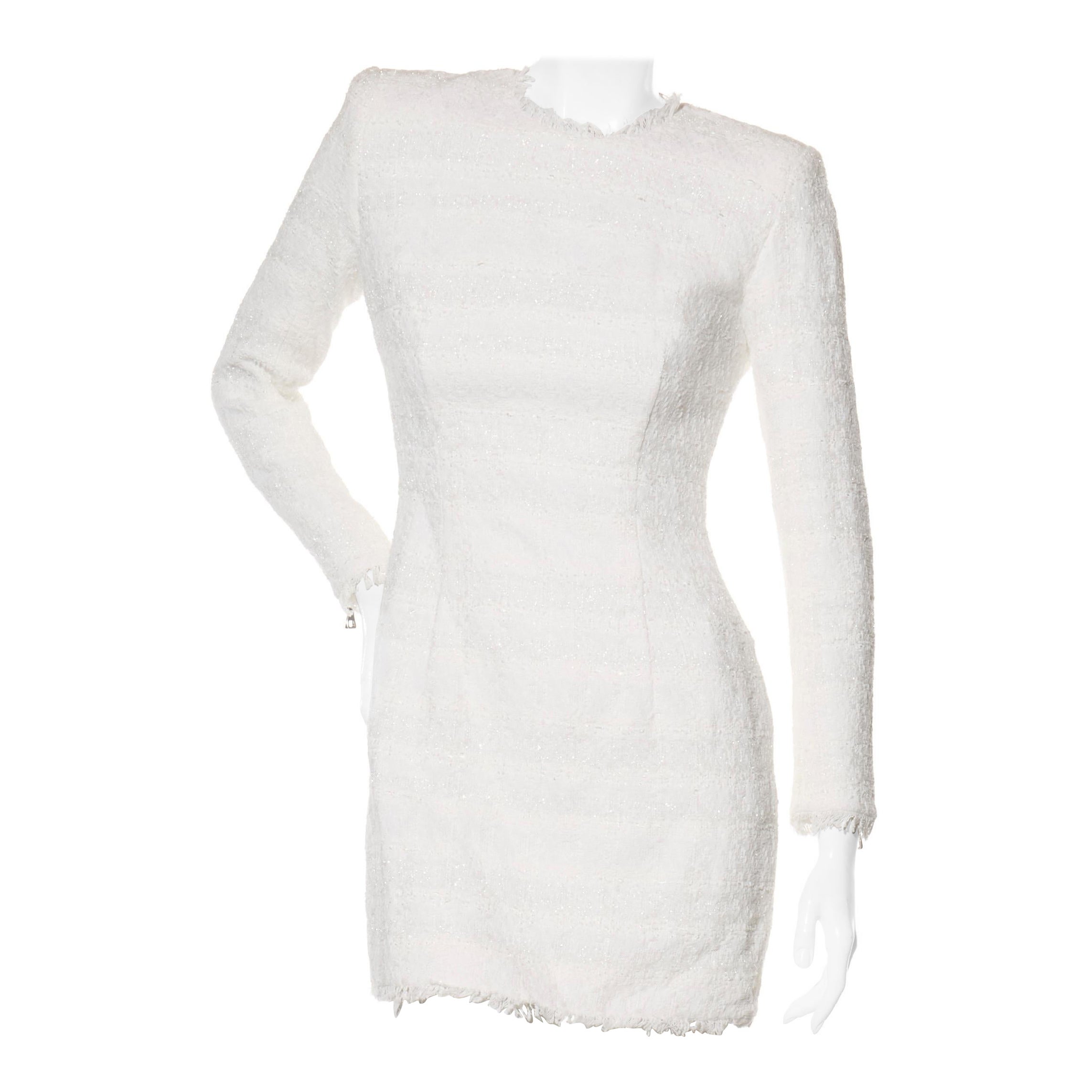 Balmain Paris Mini robe à manches longues en tweed blanc FW16 Taille 38