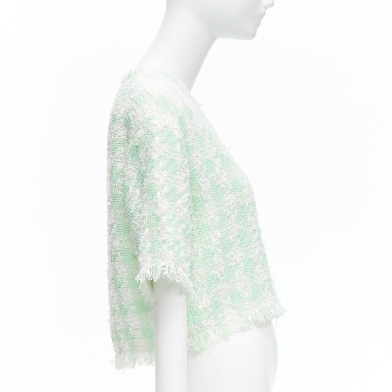 BALMAIN pastel green white lurex tweed half wide boxy cropped top FR34 XS In Excellent Condition For Sale In Hong Kong, NT