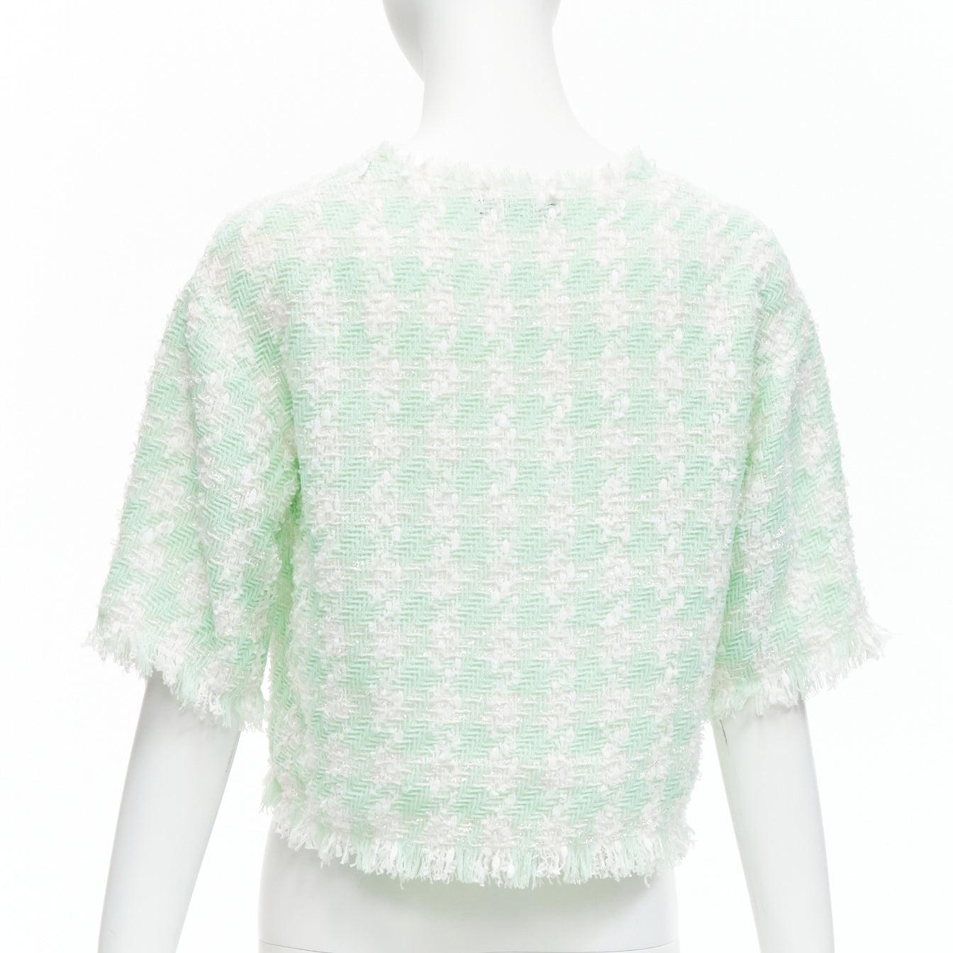 Women's BALMAIN pastel green white lurex tweed half wide boxy cropped top FR34 XS For Sale