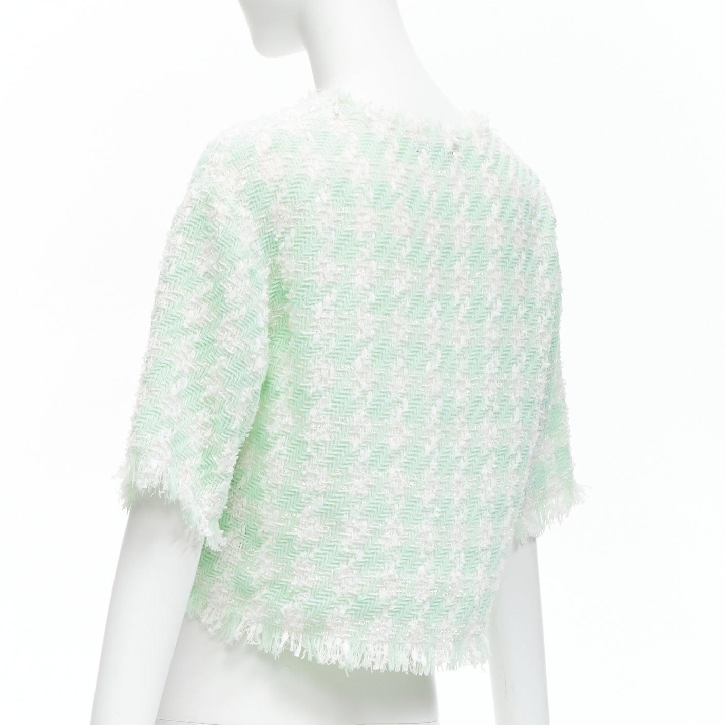 BALMAIN pastel green white lurex tweed half wide boxy cropped top FR34 XS For Sale 1