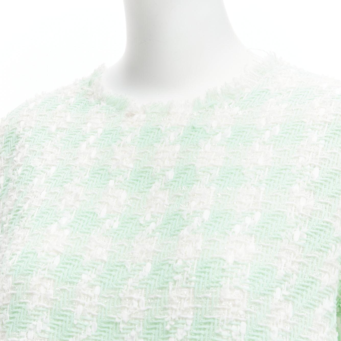 BALMAIN pastel green white lurex tweed half wide boxy cropped top FR34 XS For Sale 2