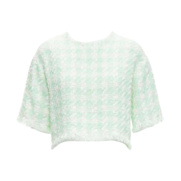 BALMAIN pastel green white lurex tweed half wide boxy cropped top FR34 XS