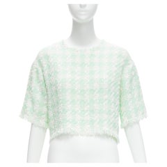 Balmain tweed lurex vert pastel blanc demi-large boxy cropped top FR34 XS