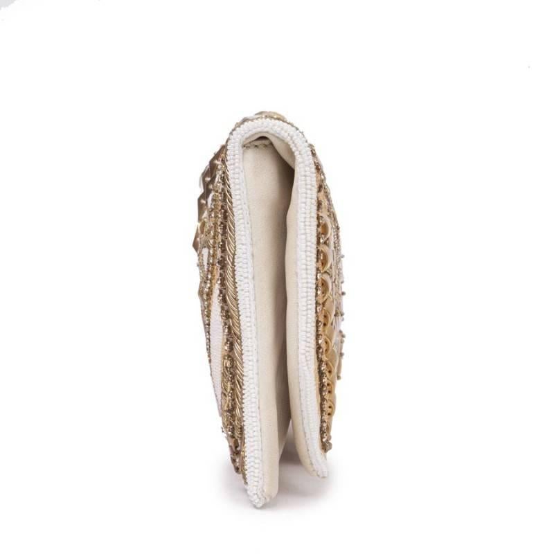 Brown Balmain 'Patricia' Clutch in Aged Off-White Embroidered Leather For Sale