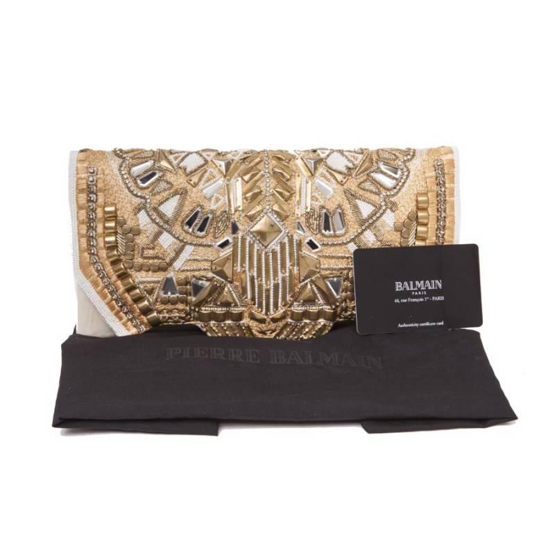 Balmain 'Patricia' Clutch in Aged Off-White Embroidered Leather For Sale 1