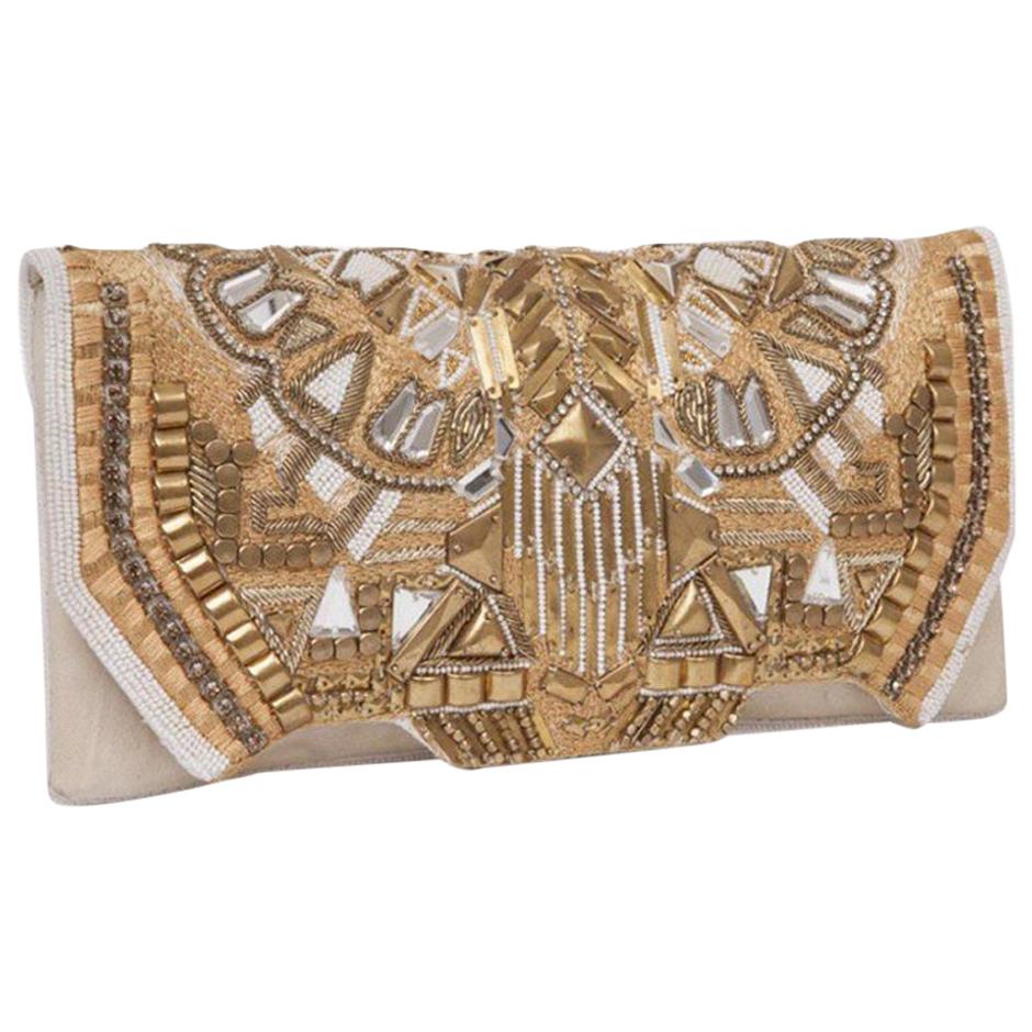 Balmain 'Patricia' Clutch aus gealtertem, cremefarbenem, besticktem Leder im Angebot