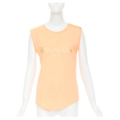 BALMAIN peach pink gold foil logo buttons shoulder sleeveless tshirt FR36 S
