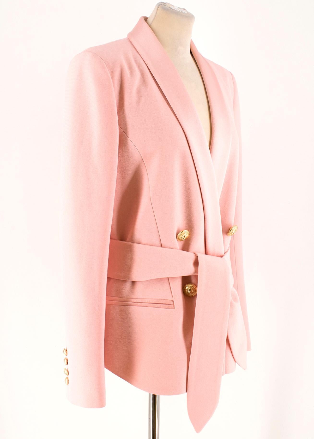 Balmain Pink Belted Double-Breasted Crepe Blazer

-Pink double breasted blazer
-Belt with tie closure
-Shoulder pads
-Two front pockets
-Tailored around the bust and waist
-Tuxedo satin lapels

Please note, these items are pre-owned and may show