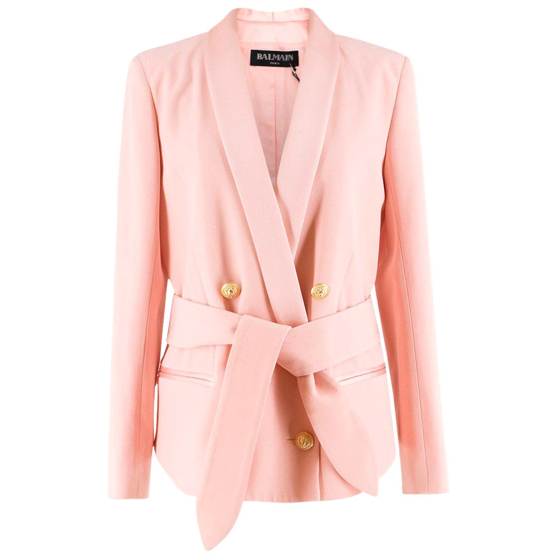Balmain Pink Belted Double-Breasted Crepe Blazer FR 42