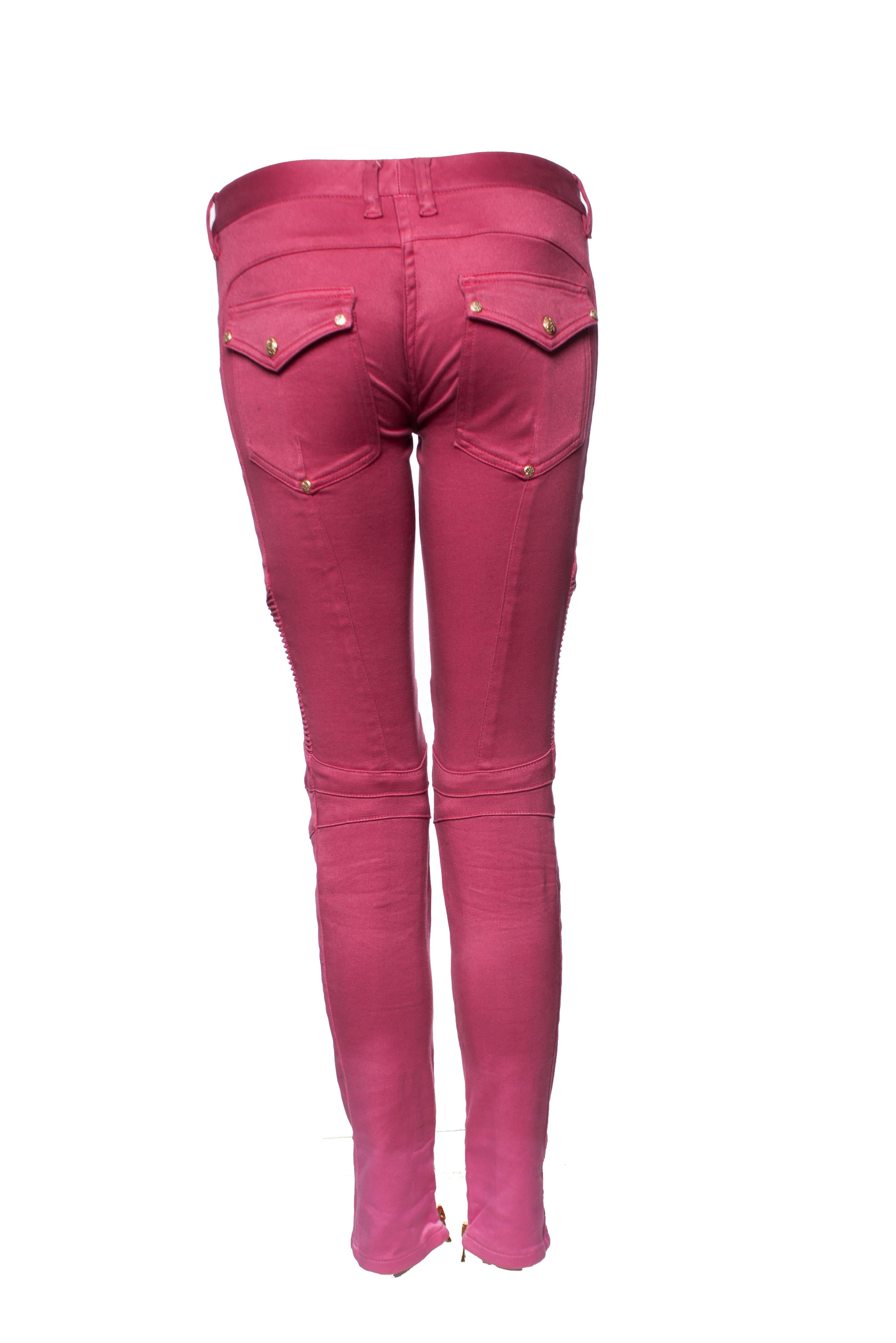 Pink Balmain, pink biker jeans with color gradient. For Sale