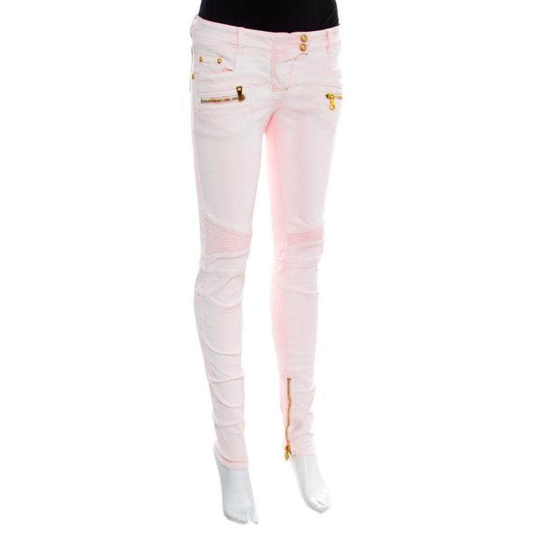 Balmain Pink Coated Ribbed Panel Zip Detail Skinny Biker Jeans S For ...