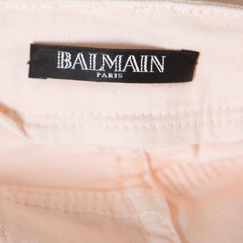 Beige Balmain Pink Coated Ribbed Panel Zip Detail Skinny Biker Jeans S