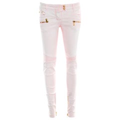 Balmain Pink Coated Ribbed Panel Zip Detail Skinny Biker Jeans S