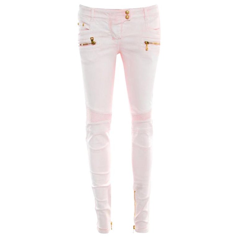Balmain Pink Coated Ribbed Panel Zip Detail Skinny Biker Jeans S For Sale  at 1stDibs | pink biker jeans