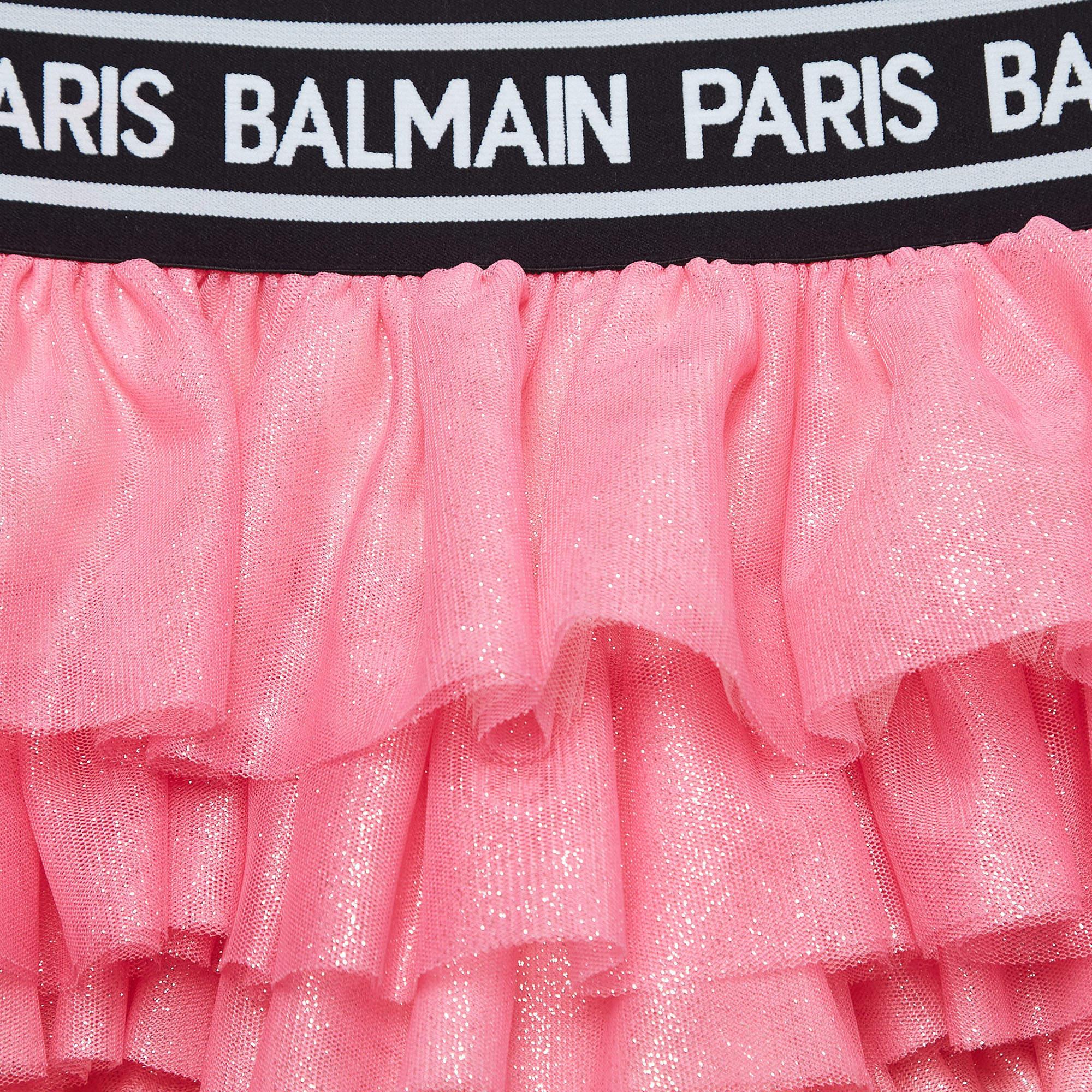 Balmain Pink Glitter Tulle Tiered Skirt (12 Yrs) In Excellent Condition For Sale In Dubai, Al Qouz 2