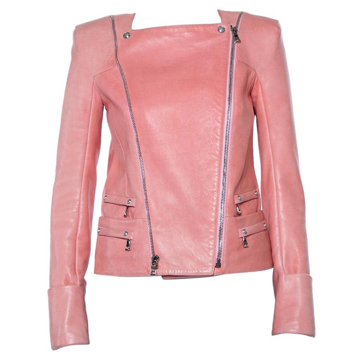 Balmain Pink Leather Zip Front Biker Jacket M at 1stDibs